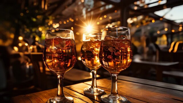 Three glasses of iced drinks on a patio at sunset