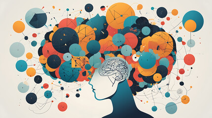 An abstract illustration of cognitive load with representations of mental clutter. Use contrasting shapes and colors to illustrate the difference between a cluttered and a clear mind.
