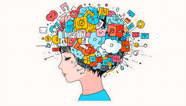 An abstract illustration of cognitive load with representations of mental clutter. Using contrasting shapes and colors to illustrate the difference between a cluttered and a clear mind.