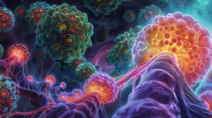 Obraz premium Vibrant and detailed depiction of microscopic cell structures, showcasing complex and colorful forms in a dark background.