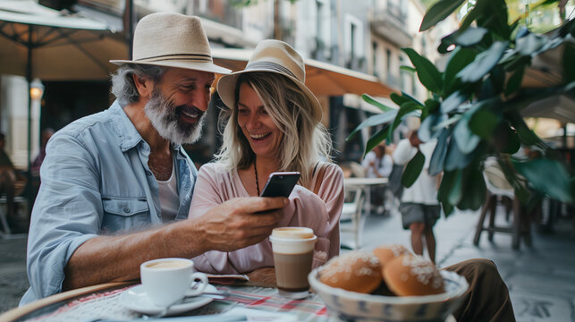 A joyful senior couple wearing hats, smiling and using a smartphone while enjoying coffee and pastries at an outdoor café.