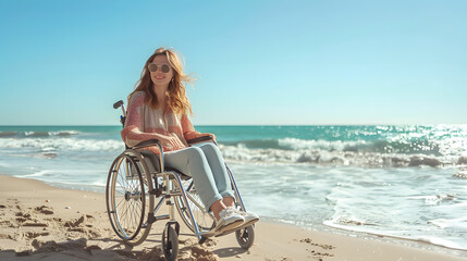 A young woman in a wheelchair smiles while enjoying a sunny day at the beach, with the ocean waves gently rolling in the background.