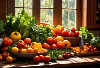 bright kitchen counter fresh produce sunlight cooking inspiration, vegetables, fruit, tomatoes, peppers, onions, herbs, spices, garlic, avocado, lemon,