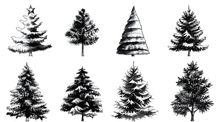 Fototapeta premium A collection of eight detailed black and white illustrations of snow-covered trees, ideal for winter and holiday-themed designs.