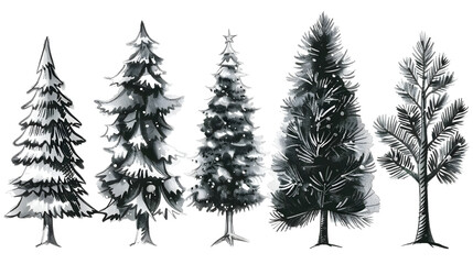 Fototapeta premium Illustration of different evergreen trees, showcasing their unique shapes and textures in a monochrome palette