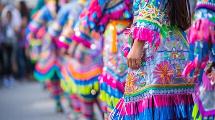 Colorful traditional costumes worn during The Moon Festival celebration featuring intricate embroidery and vibrant patterns Stock Photo with copy space