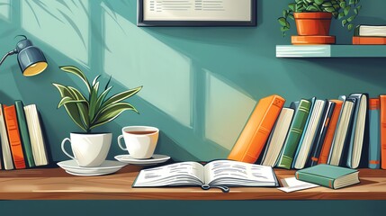 Cozy reading nook with open book, coffee cup, and houseplant on a wooden desk with bookshelves and wall art in the background.