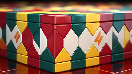 a colorful box with a white and yellow logo on it.