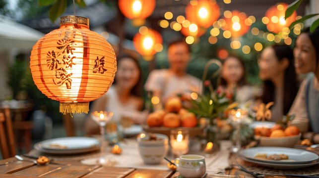 Family gathering for reunion dinner during The Moon Festival featuring a table adorned with traditional dishes and decorations Stock Photo with copy space