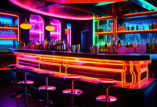 vibrant neon illuminated cocktail bar glowing lights drinks, nightlife, colorful, party, trendy, stylish, modern, interior, atmosphere, entertainment, alcohol