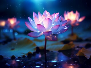 Night magic of a blooming lotus with large drops
