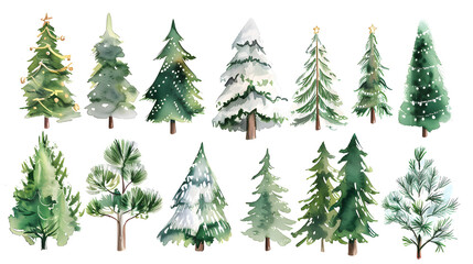 Obraz premium A charming watercolor illustration of various Christmas trees adorned with decorations and snow, capturing the joyful essence of the holiday season.