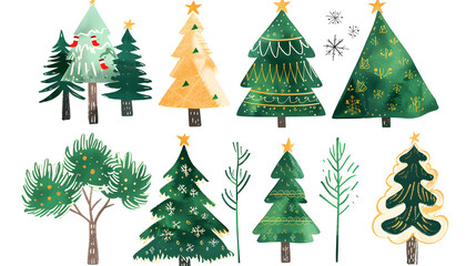 Playful watercolor illustration of various Christmas trees adorned with stars and festive decorations, capturing a whimsical holiday spirit.