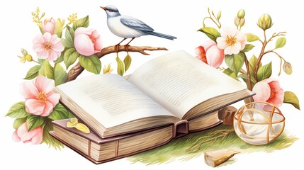 Open book with flowers and bird, tranquil and artistic composition for literature and nature enthusiasts. Perfect for creative projects.