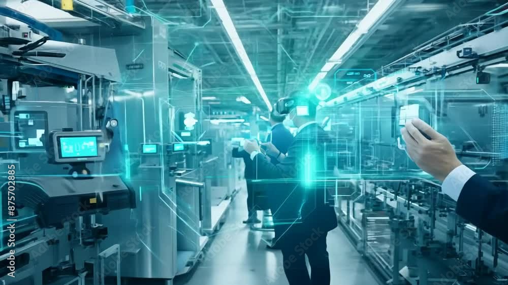 Poster workers use vr headsets in modern factory generative ai