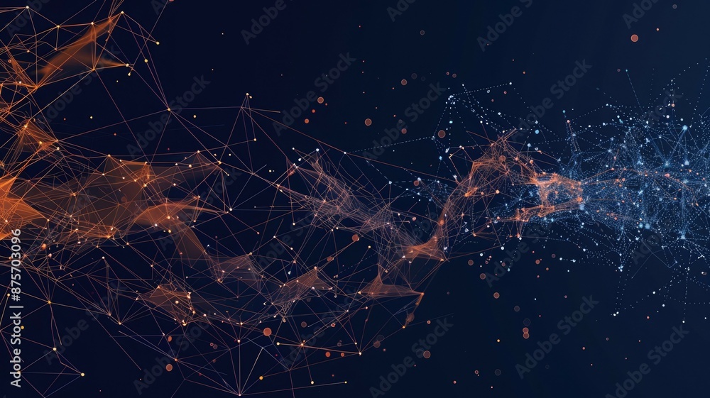 Poster abstract digital visualization of dynamic particle streams with lights and lines in dark blues and o