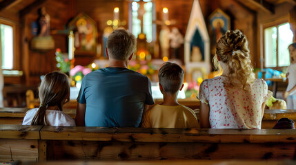A family of four sits together in a church pew, facing the altar and participating in a worship service, symbolizing faith, unity, and community. © Gita