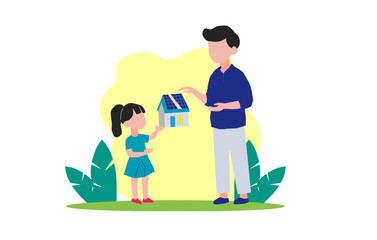 Little girl with her dad holding paper model of house with solar panels, explaining how it works.Alternative energy, saving resources and sustainable lifestyle concept.flat design vector ilustration