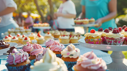 A variety of colorful cupcakes with different frostings and toppings are displayed on a table at an outdoor event, creating a festive and appetizing scene.