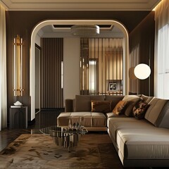 Modern living room with elegant art deco interior design, creating a sophisticated home ambiance with luxurious decor elements