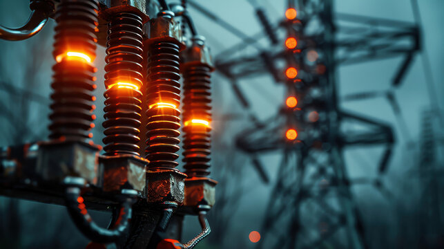 Power grid, Highvoltage power lines and substations, overcast sky background