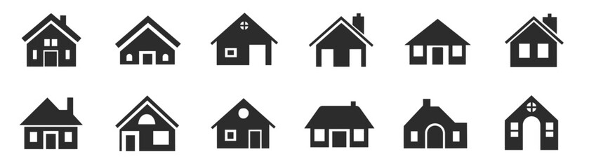 House Icon Set. Set of real estate objects and houses black icons. Home symbol collection