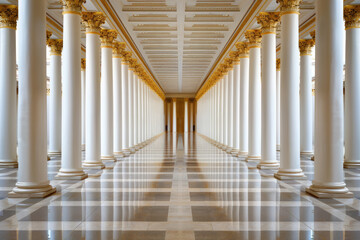 The image shows the interior of a classical building with a long corridor. The floor is made of marble and the walls are decorated with columns.