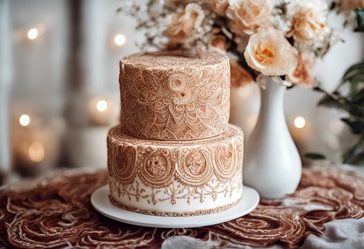 wedding inspired cream dding chocolate boho cake dessert intricate flower patterns nna design food decoration sweet cake cake mandala