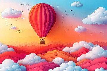 Fototapeta premium Hot Air Balloon Soaring Over a Papercraft Mountain Range