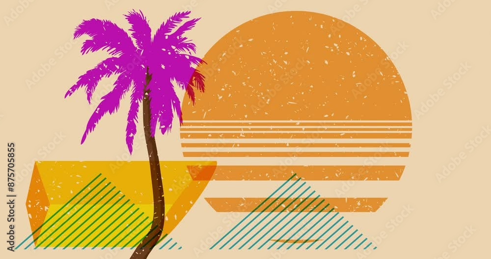 Poster risograph palm tree with geometric shapes animation. moving object in trendy riso graph design video