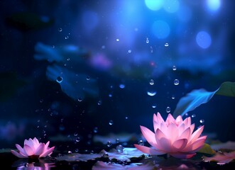 Night magic of blooming lotus with large drops of water