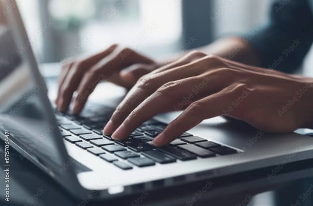 Poster closeup image of hands typing on a laptop keyboard with ambient lighting, illustrating computer work