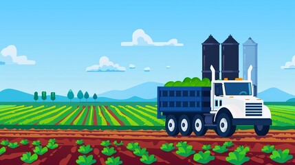 Bioenergy from farm waste, converting organic material to fuel, flat design illustration
