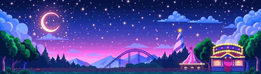 Obraz premium A lively carnival with roller coasters and cotton candy stands, pixel art, bright colors, 8bit, dynamic and cheerful