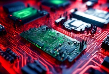 red server technology blue board 3d rendering futuristic circuit green background bokeh processing code datum computer dark printed