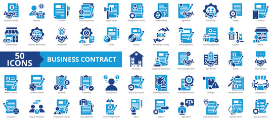 Business contract icon collection set. Containing financing, legal, management, smart, agreement, partnership, validity icon. Simple flat vector.