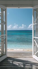 Scenic view of a tropical beach through an open door. vertical. summer holiday.