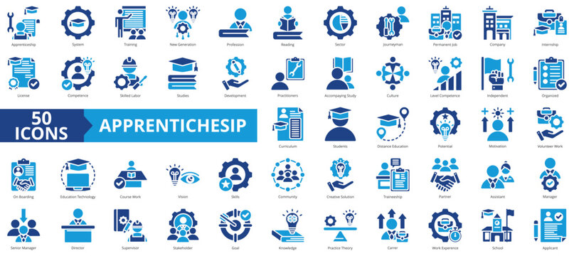 Apprenticeship icon collection set. Containing system, training, new generation, profession, reading, sector, internship icon. Simple flat vector.
