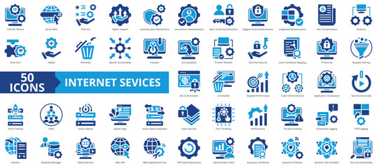 Internet services icon collection set. Containing server web, features, higher support, authentication mechanisms, anonymous, basic access, digest icon. Simple flat vector.