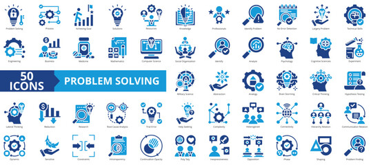 Problem solving icon collection set. Containing process, achieving goal, solutions, resources, knowledge, professionals, identify icon. Simple flat vector.