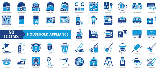 Household appliance icon collection set. Containing electric, white goods, brown, small, kitchen, washing machine, water heater icon. Simple flat vector.