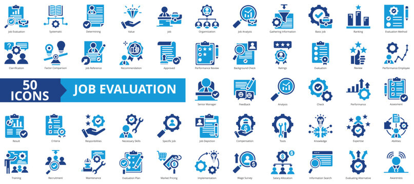 Job evaluation icon collection set. Containing systematic, determining, value, organization, analysis, gathering information, basic icon. Simple flat vector.