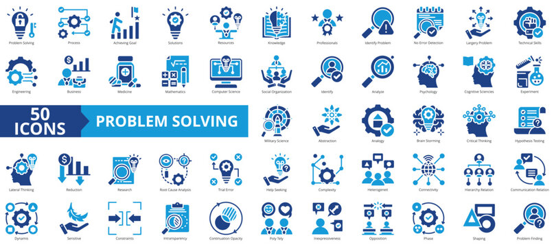 Problem solving icon collection set. Containing process, achieving goal, solutions, resources, knowledge, professionals, identify icon. Simple flat vector.