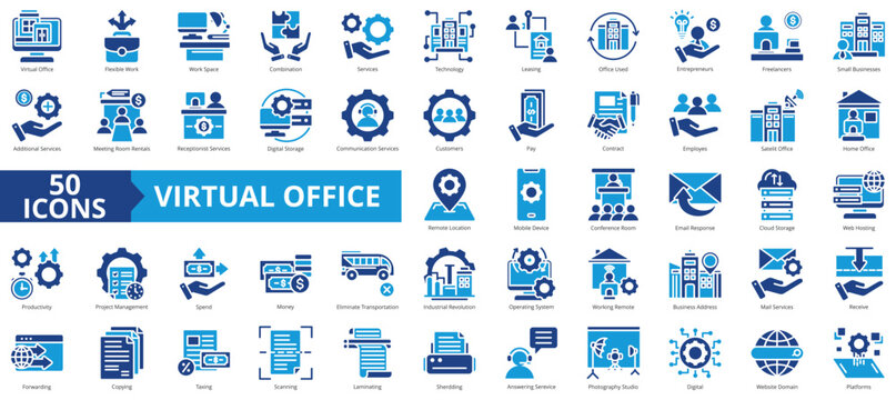 Virtual office icon collection set. Containing flexible, space, combination, services, technology, leasing, used icon. Simple flat vector.