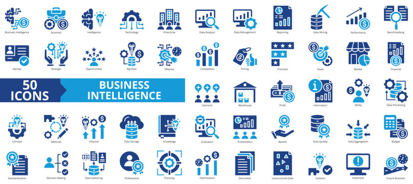 Business intelligence icon collection set. Containing technology, enterprise, data analysis, management, reporting, mining, performance icon. Simple flat vector.