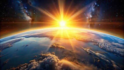 A beautiful sunset over the Earth with the sun shining brightly in the sky, sunset, Earth, sun, world, planet, nature, sky