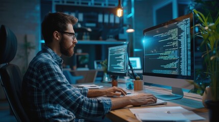 A software developer is engrossed in writing code on dual monitors, indicative of the concentration required in software engineering. AIG41