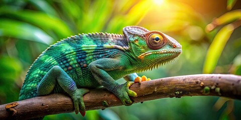 Fototapeta premium Chameleon blending with environment on jungle branch, chameleon, camouflage, reptile, wildlife, nature, branch