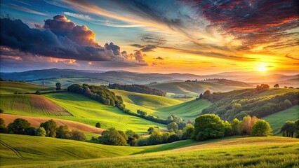 Fototapeta premium A scenic view of a tranquil landscape with rolling hills and a colorful sunset, nature, scenery, tranquil, serene, peaceful