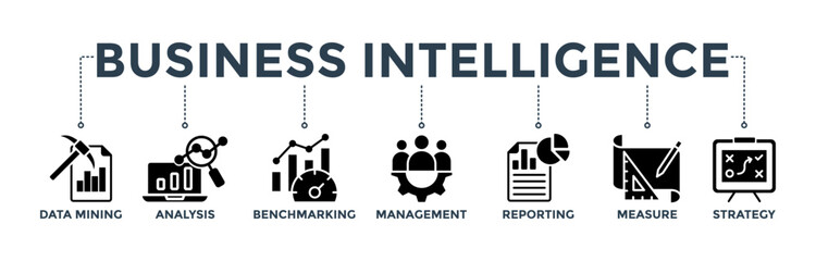 Business intelligence banner web icon with data mining, analysis, benchmarking, management, reporting, measure, and strategy icon 
